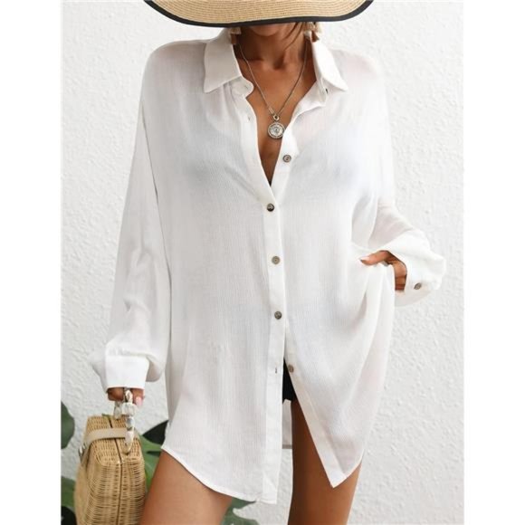 Swimsuit Coverup for Women Button Down Shirt Cover Up Beach Blouse Tops - Picture 3 of 7
